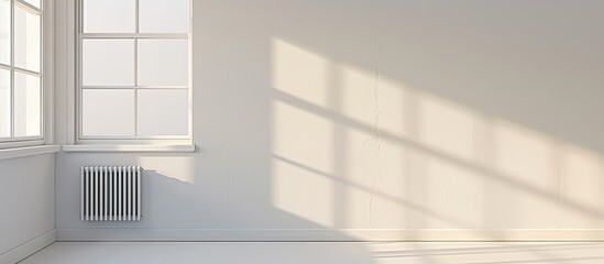 Obraz premium Plastic window and radiator on white wall in empty light room at home. with copy space image. Place for adding text or design