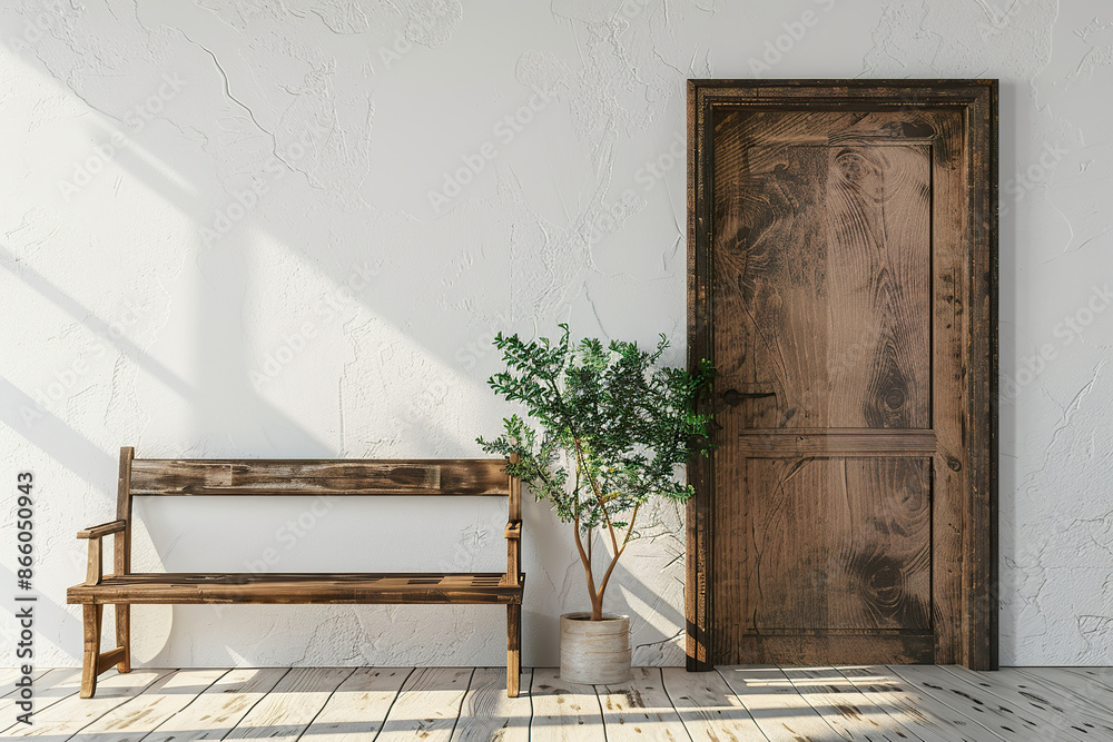 Wall mural a wooden bench sits in front of a door, generative ai image.