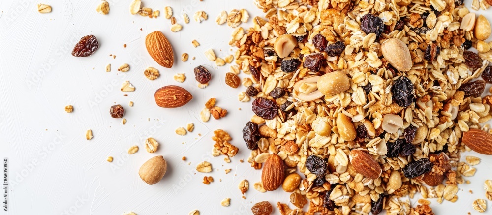 Poster top view of a white background with a granola or muesli mix featuring nuts and raisins, accompanied 