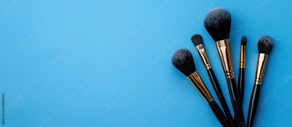 Poster makeup brushes for eyeshadow on a blue backdrop with copy space image.