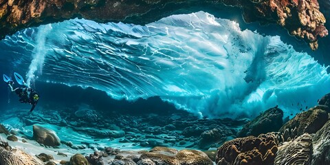 Artistic underwater photo of waves and scuba diving in the Canary Islands. Concept Underwater Photography, Ocean Waves, Scuba Diving, Canary Islands