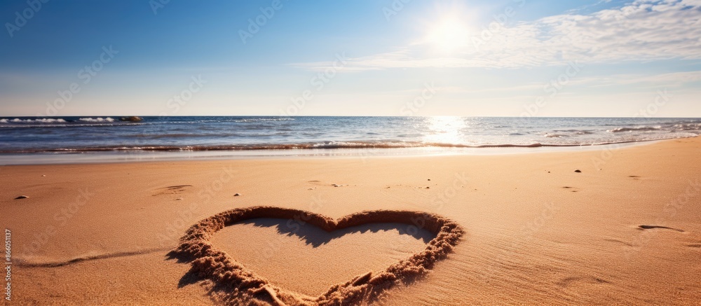 Wall mural Heart drawn on sandy beach shore by the sea with copy space image.