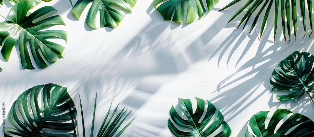 Aufkleber artistic arrangement of vibrant tropical leaves on a white backdrop illuminated by sunlight, casting