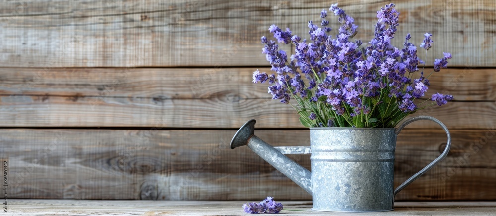 Poster copy space image featuring a wooden background with a watering can filled with delicate lavender flo