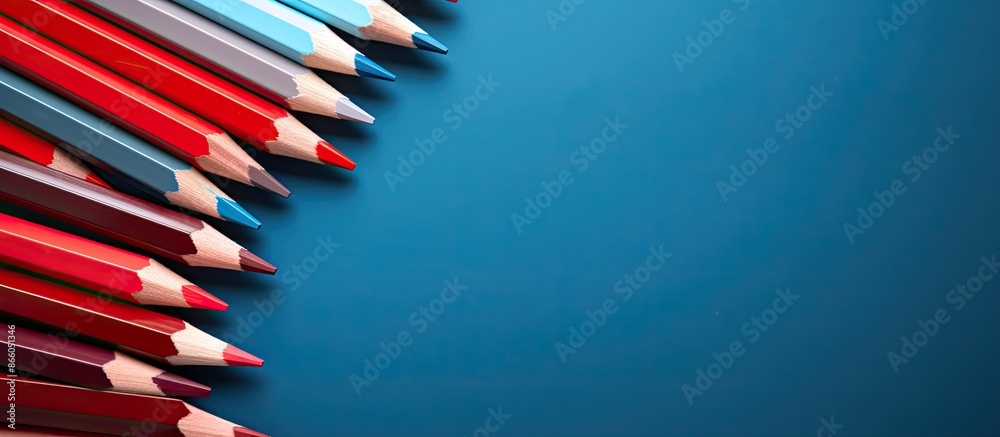 Poster A variety of colored paper arranged with vibrant red and blue pencils, creating an appealing composition with copy space image.