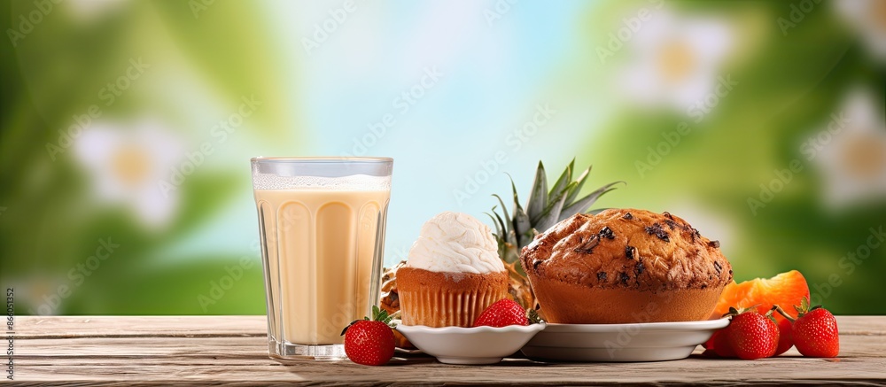 Poster breakfast table with a boiled egg, raisin and coconut muffin, fruit juice, and honey on a wooden bac