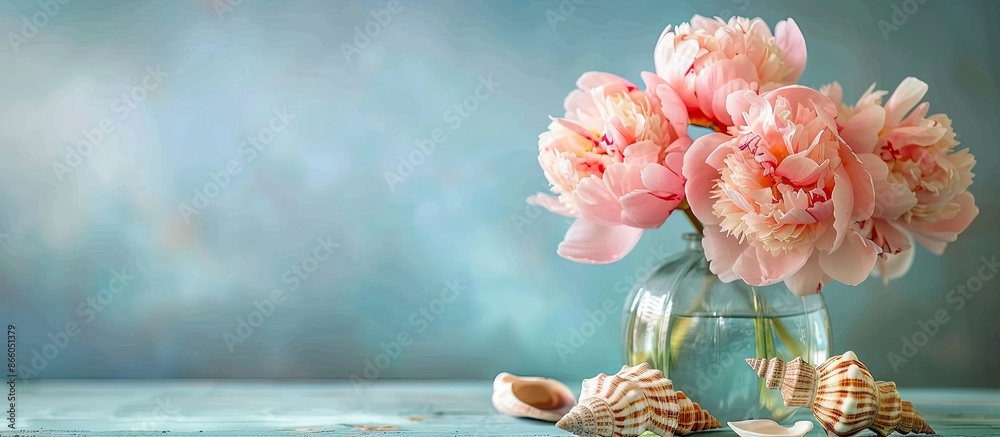 Poster Pink Peonies in vase and shell decorations. with copy space image. Place for adding text or design