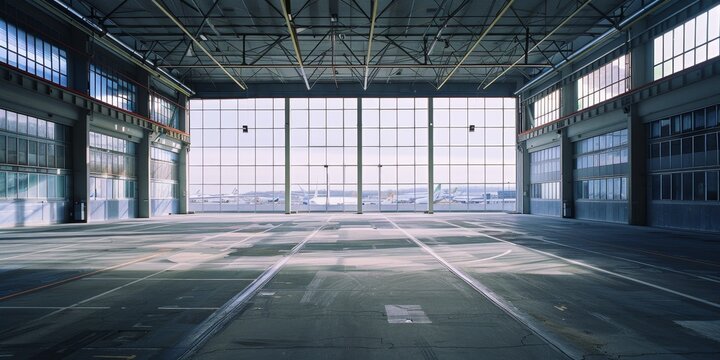 empty factory or industrial warehouse facility interior hanger or workshop building as huge stage space