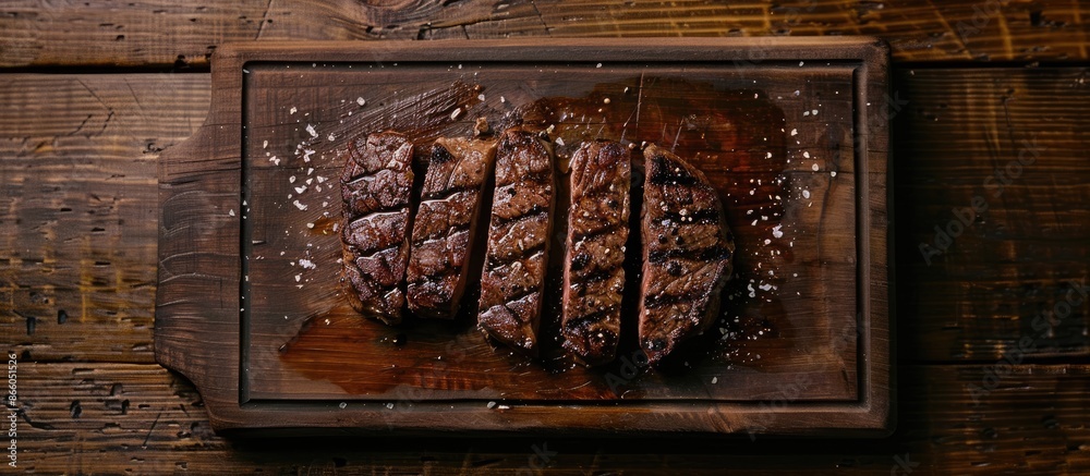 Leinwandbilder grilled steak displayed on a cutting board, seen from above with a blank background for text or othe