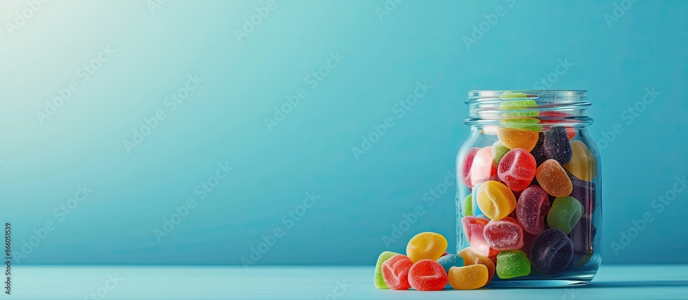 Aufkleber blue background with a jar of assorted jelly candies, offering copy space in the scene.