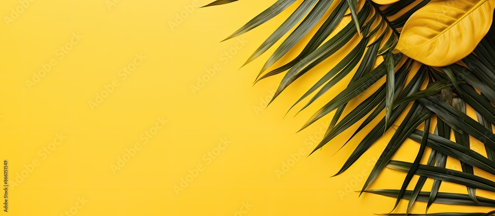 Aufkleber top view of tropical palm leaves on a sunny yellow backdrop creating a summery vibe with a flat lay 