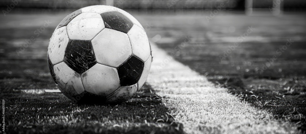 Aufkleber Classic soccer ball with a typical black and white pattern placed on the stadium turf, creating a captivating copy space image.