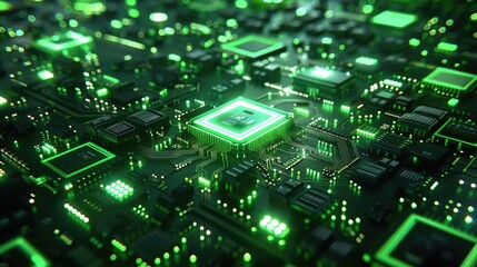 Fototapeta premium Cyber Green. 3D Render of Abstract Microchip Glowing with Neon Green Light
