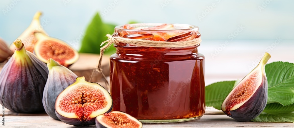 Poster close-up shot of a delicious jar of jam alongside fresh figs on a light blue wooden table, ideal for