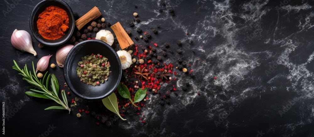 Aufkleber Top view of a small mortar containing dried chili surrounded by various herb ingredients on a black stone background, with a copy space image.