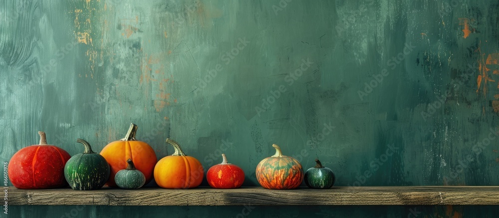 Poster Colorful pumpkins in a modern autumn-themed decoration on a wooden shelf and background with a stylish design and copy space image.
