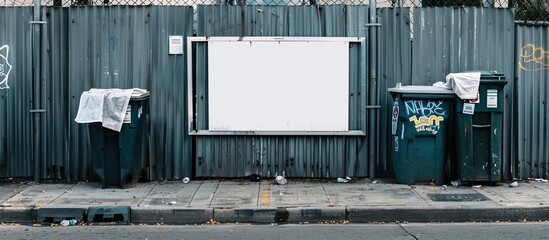 A blank sign secured with cable ties hangs on a fence near trash bins, providing a backdrop for an option involving adding text or images, known as a copy space image.