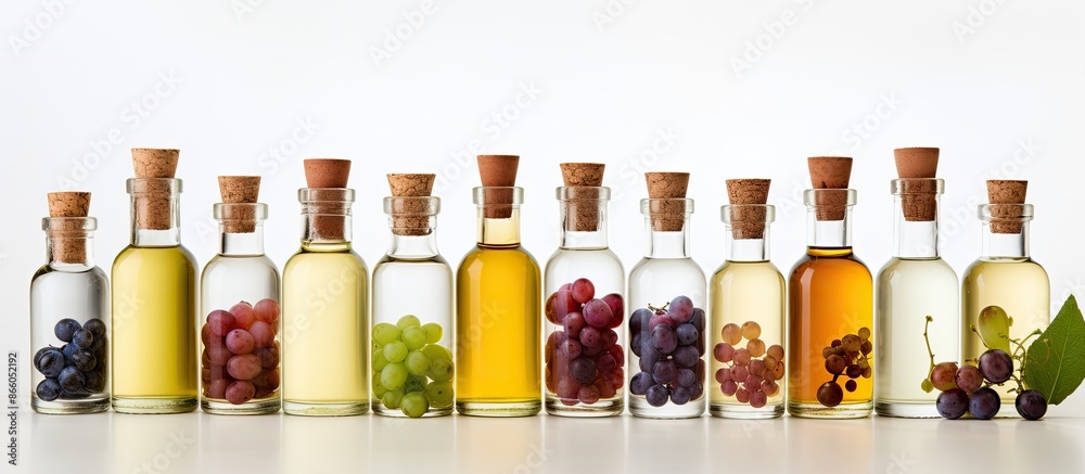 Fototapete a collection of grape seed oil bottles displayed on a white backdrop with copy space image available