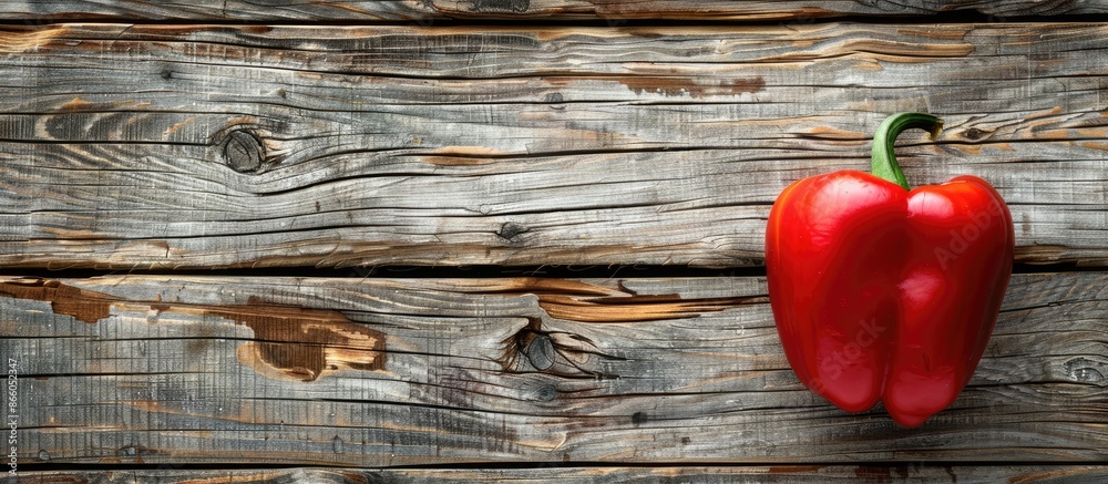 Leinwandbilder Close-up image of a vibrant red bell pepper on a rustic wooden surface with empty space for text or other content. with copy space image. Place for adding text or design