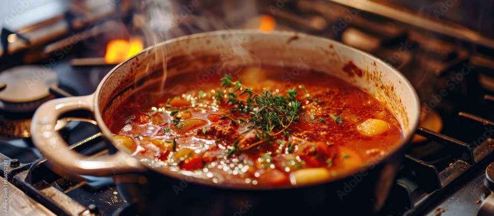 Poster Beef Soup - fresh borscht in a pot- sitting on the stove. with copy space image. Place for adding text or design