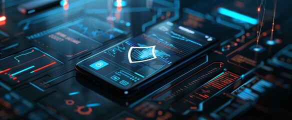 Obraz premium authentication login or cybersecurity fingerprint and secure online connection of professional trading or financial personal electronic banking account, wide futuristic 