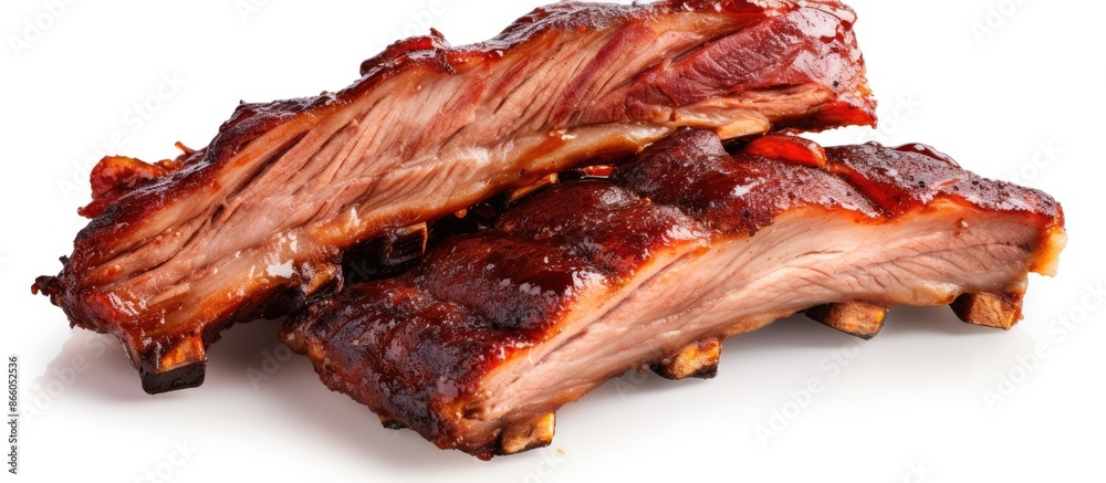 Poster smoked bbq pork ribs, sliced and isolated against a white background with copy space image.