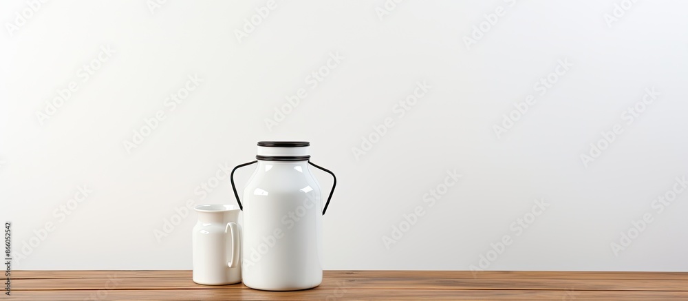 Leinwandbilder Retro milk can and mug placed on a wooden table with a white background, suitable for adding text or graphics with copy space image.