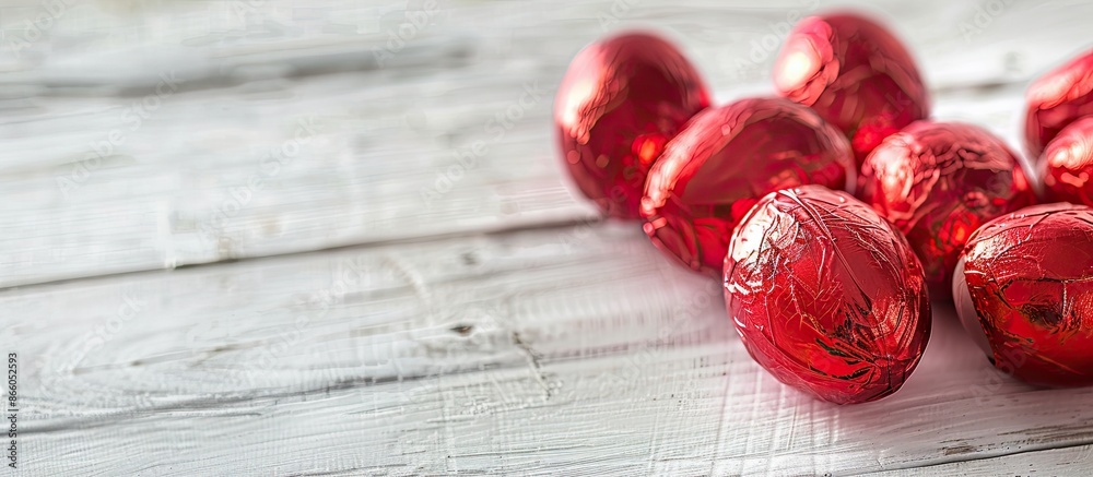 Aufkleber Easter eggs wrapped in red foil displayed on a white wooden table with copy space image.