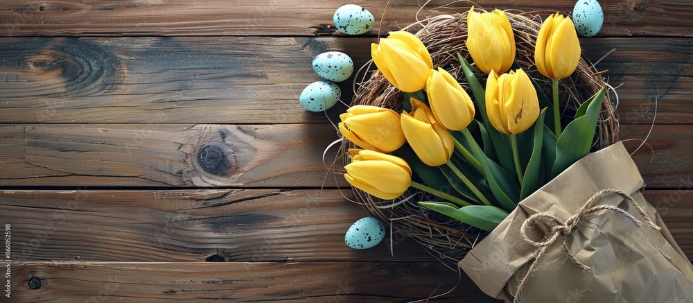Poster a top-down view of yellow tulips in a paper bag next to a nest holding easter eggs on a wooden surfa