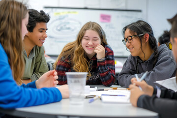 Fototapeta premium Portrait Of Smiling Male And Female Students In Grade School Classroom. black students middle school