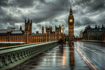 A rainy day in London with the Big Ben clock tower in the background, generative ai image.