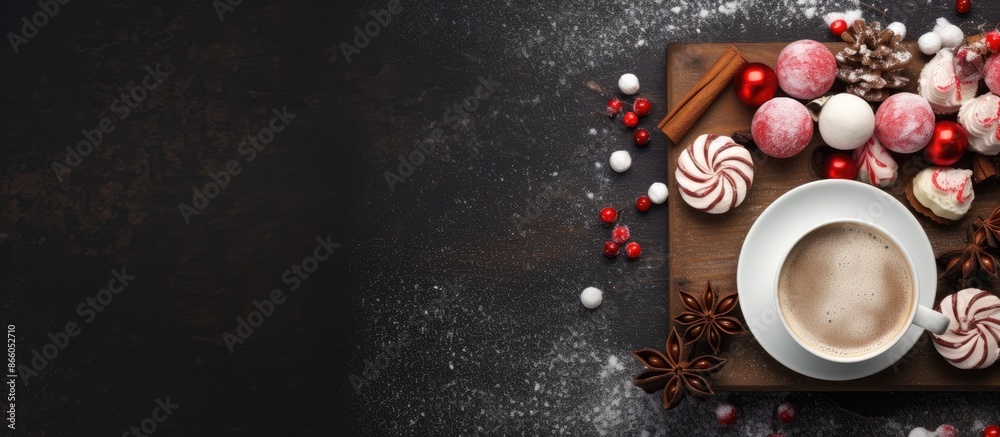 Poster Top view of a Christmas background featuring a cup of hot cocoa topped with marshmallows, providing ample copy space in the image.
