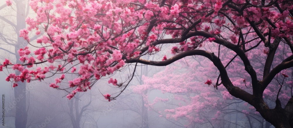 Aufkleber spring's blooming tree with fresh pink flowers on branches presents a beautiful seasonal nature scen