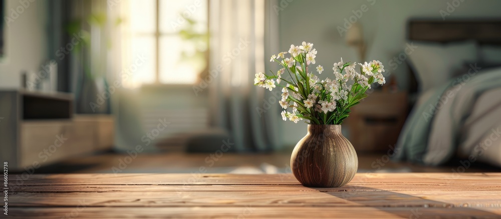 Poster Bedroom setting with a table top in focus and a blurred background, perfect for a copy space image.