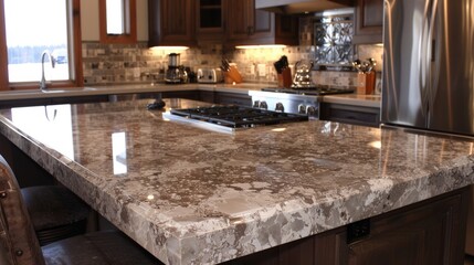 Stone Kitchen Counter. Modern Quartz Countertop Design with Granite Backsplash
