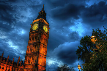 A rainy day in London with the Big Ben clock tower in the background, generative ai image.