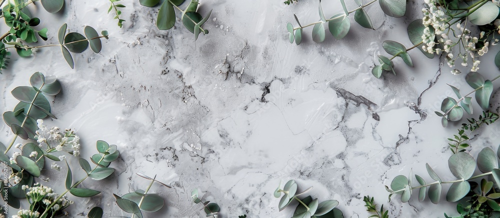Aufkleber Flat lay composition with eucalyptus leaves on a grey marble backdrop, surrounded by a frame of eucalyptus branches. Top view perspective with ample copy space image.