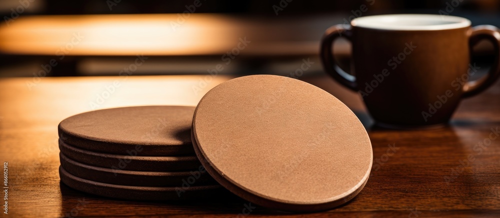 Poster Beverage coaster in light brown shade placed on a dark brown table creating copy space image.