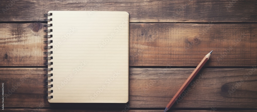 Aufkleber vintage-toned notebook and pencil on weathered wooden background with copy space image.
