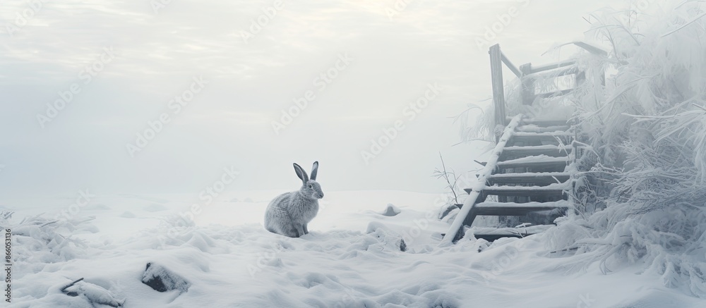 Poster a snow-covered landscape showcasing traces left by rabbits, offering a serene winter scene with a co