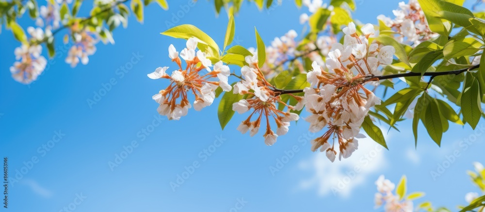 Aufkleber Chinaberry tree's (Melia azedarach) leaves and flowers in spring against a blue sky backdrop, with a clear area for text in the image. . with copy space image. Place for adding text or design