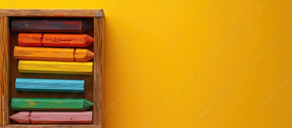 Poster top view of soft pastels in a wooden box on a yellow background, with copy space for text. these are