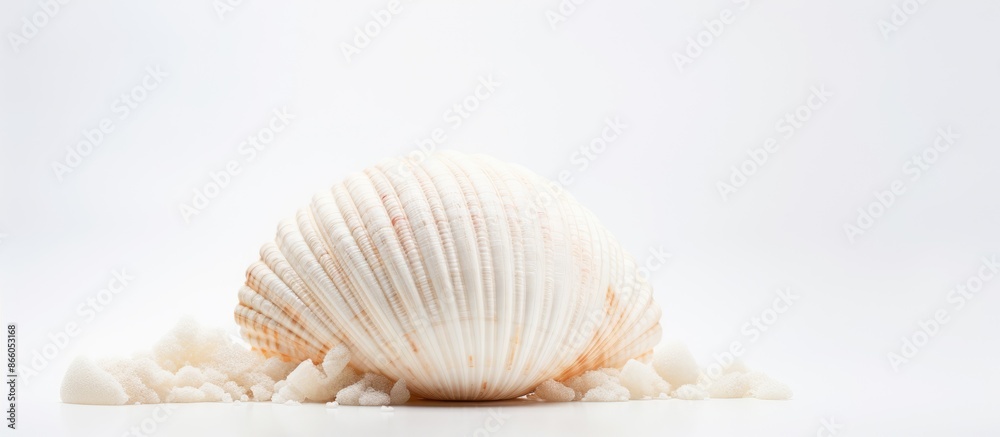 Poster seashell on a white background with copy space image for an article about seashells, ideal for vacat