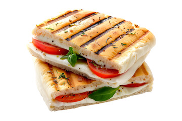 Grilled Caprese panini sandwich on crusty bread isolated on white transparent background