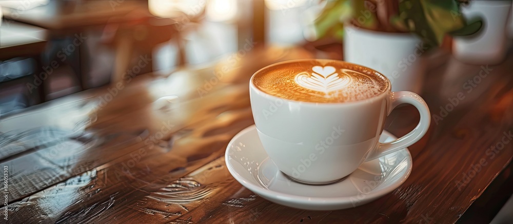 Poster Coffee latte close-up in a cafe, suitable for a website header design with space for text. with copy space image. Place for adding text or design