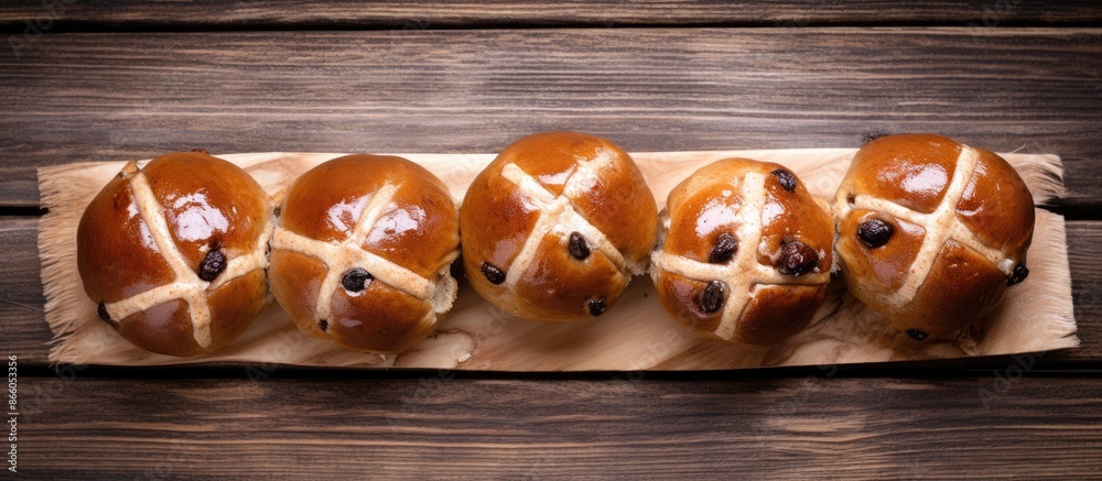 Poster Easter hot cross buns displayed from above on a wooden background with ample copy space for customization in the image.