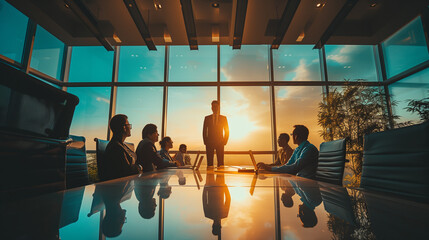 Boardroom Leadership. This image captures a confident leader standing at the head of a boardroom table, silhouetted against the light streaming in through large windows.
