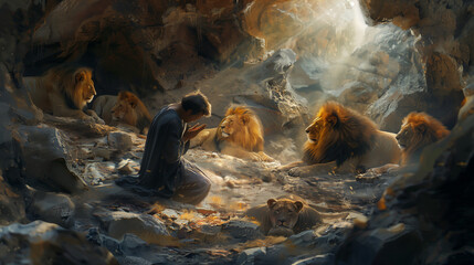 Daniel in the Lions' Den. This powerful illustration depicts the biblical scene of Daniel in the lions' den.
