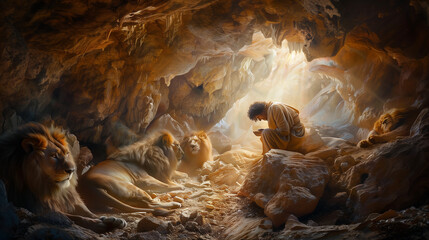 Daniel in the Lions' Den. This powerful illustration depicts the biblical scene of Daniel in the lions' den. 