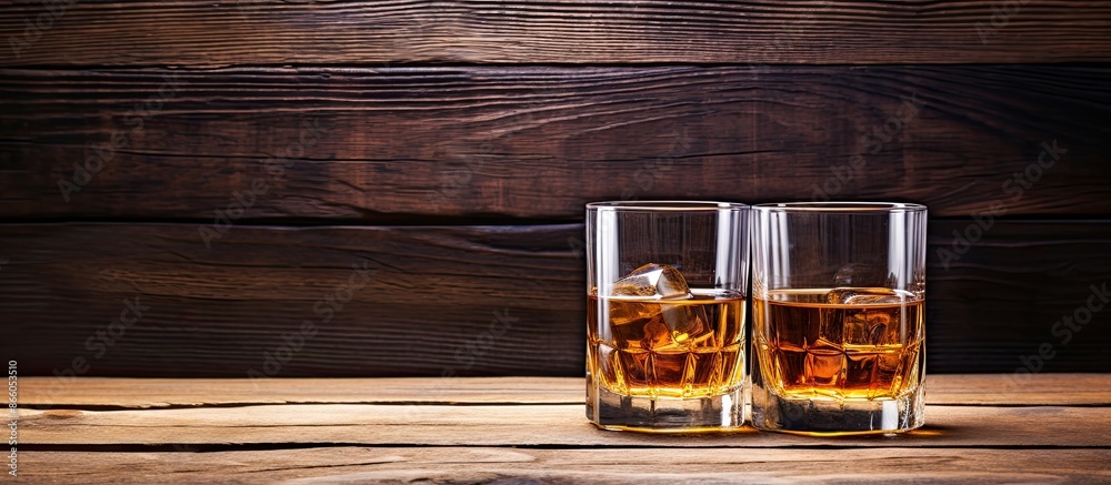 Poster whiskey glasses on a rustic wood backdrop with room for a copy space image.